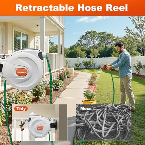 Retractable Garden Hose Reel,1/2 Inch x 100ft Wall Mounted Hose Wall,180° Swivel Bracket,With Built-in Nozzle,Slow Retraction Any Length Lock. - Image 5