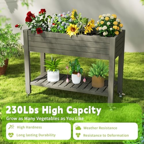 Elevated Raised Garden Bed with Wheels,Outdoor Large Resin Patio Planter Box Stand Divisible with Drain Plug,Water Monitor for Plants Vegetables Flowers Fruits(Grey,43.31 * 17.72 * 33.66) - Image 6