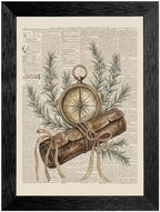 Framed Canvas Wall Art Vintage Antique Compass and Leather Map Muted Earthy Tones Rosemary on Aged Newspaper Canvas Print Poster Black Frame Wall Decor for Study Office Scholarly Decor, 12x16 Inch by Unknown