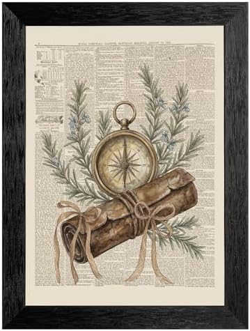 Framed Canvas Wall Art Vintage Antique Compass and Leather Map Muted Earthy Tones Rosemary on Aged Newspaper Canvas Print Poster Black Frame Wall Decor for Study Office Scholarly Decor, 12x16 Inch by Unknown