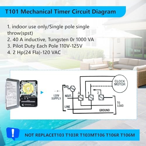 T101 Mechanical Timer Switch,120V AC SPST 40A,60Hz, Pool Pump Switch,Heavy Duty Pool Timers Outdoor,Timer for Lights HVAC Systems,24 Hour 12 ON/Off for Pump, 3 Years Warranty - Image 5