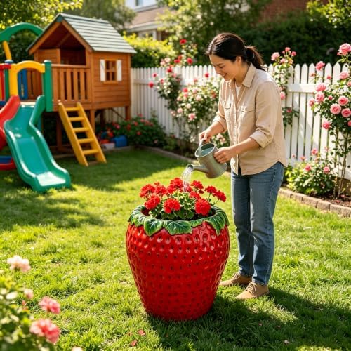 15' Strawberry Shaped Planter Pot, 15 Inch Decorative Flower Pot, Red - Image 5