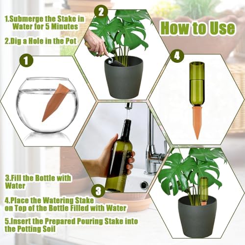 TINSKY 6 Sets Plant Watering Devices Terracotta Self Watering Spikes and 26 Oz Plastic Green Bottles Slow Release Vacation Plant Waterer Automatic Planter Insert for Indoor Outdoor Plants - Image 6