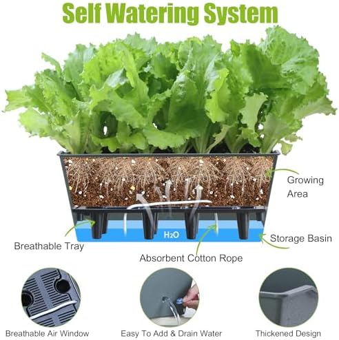 Window Box Planter 6 Pcs, 16.5 Inches Self Watering Rectangle Flower Plant Pots with Drainage Holes Trays, Vegetable Planters for Windowsill Patio Garden Balcony Porch Yard (Dark Green) - Image 4
