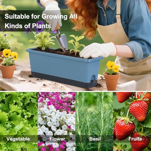 Window Box Planter 4 Packs, 17 Inches Rectangle Flower Pots with Drainage Holes & Trays, Pots for Vegetables, Herbs, Flowers, Garden Windowsill Balcony (Blue, 17 * 5.1 * 6 inch) - Image 7