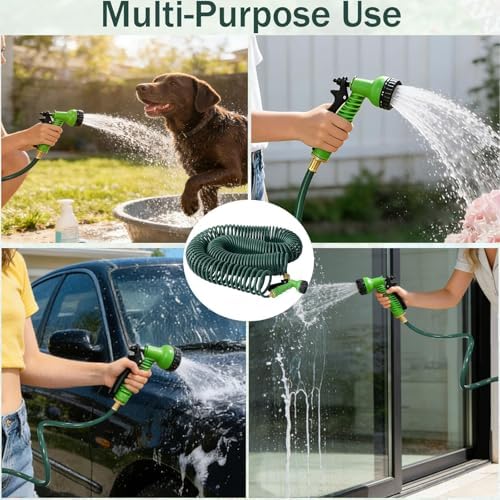 100FT Kink-Free EVA Coil Garden Hose, 3/4'' Brass Connector Expandable Self Coiling Water Hose with 7 Patterns Spray Nozzle for Lawn, Greenhouse, Patio, Boat, Car Wash - Image 7