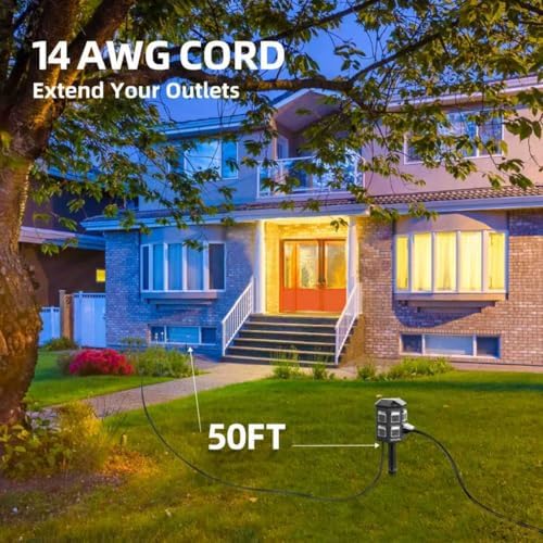 TiFFCOFiO Outdoor Power Strip Waterproof, 24 Hour Mechanical Timer, 50 ft Extension Cord, 6 Grounded Outlets for Outdoor Lights, ETL Listed (50 FT) - Image 3