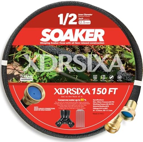 150FT 1/2" Heavy-Duty Soaker Hose with Solid Brass Connectors, Ultra-Flexible Even Water Flow with Metal Staples & Y-Splitter by XDRSIXA