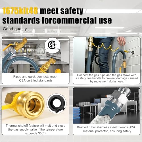 3/4" × 48 inch Commercial Gas Hose, 1675KIT48 Safety System Kit, Mobile Gas Line Hose Connector Kit for Commercial Kitchen, with 3/4" Quick Disconnect（GRAY) - Image 3