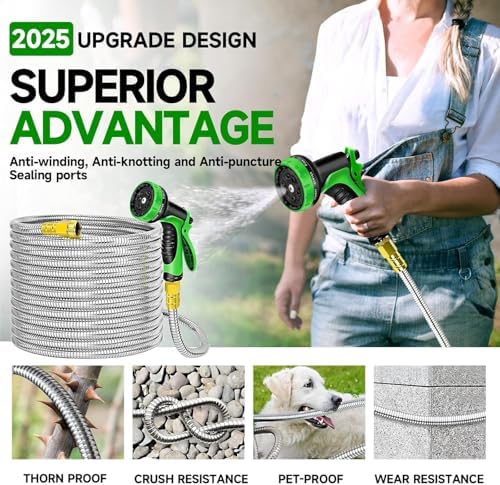 Outdoor Garden Hose 100ft Metal Stainless Steel Heavy Duty Kink Free 2 Nozzles 3/4 Brass Fittings Rust Proof For Lawn Rv Watering 150FT - Image 3