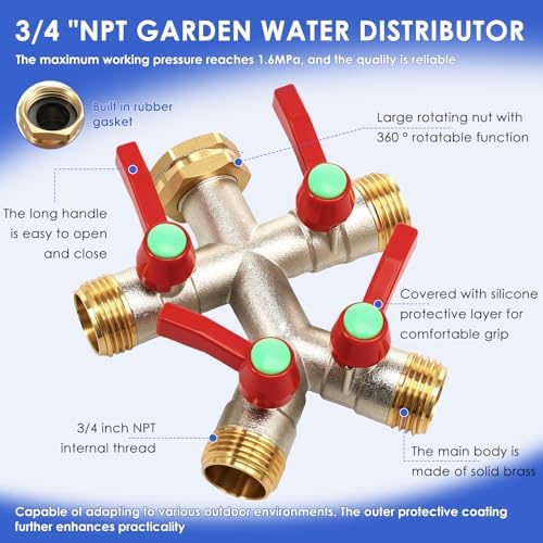 4 Way Brass Garden Hose Splitter 3/4" NPT Water Tap Connector with Individual Shut Off Valve Heavy Duty for Lawn Garden and Outdoor Use(red) - Image 4
