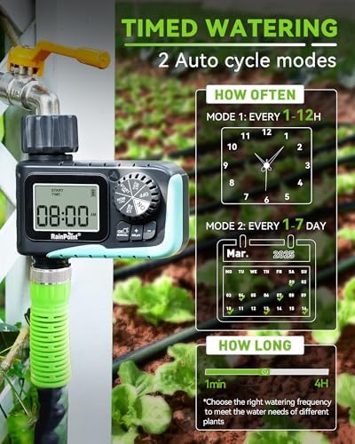RAINPOINT Sprinkler Timer, Programmable Water Timer for Garden Hose, Outdoor Soaker Hose Timed with Rain Delay/Manual/Automatic Watering System, Digital Irrigation for Yard, Lawn, 1 Outlet - Image 2