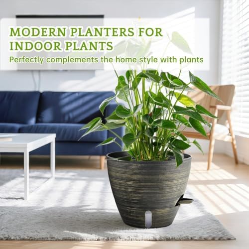 ZMTECH 12 Inch Self Watering Pots for Indoor/Outdoor Plants, Gold Bronze Large Plastic Planter with Water Level Indicator, Drainage Hole & Removable Saucer for Garden Flowers, Deco Plant Container - Image 2