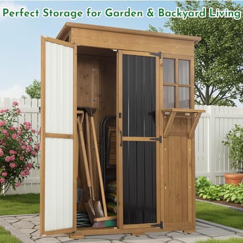 Ketive Outdoor Storage Cabinet, Large Wood & Metal Garden Shed with Foldable Table, Weather-Resistant Asphalt Roof, Lockable Doors & Adjustable Feet for Patio, Backyard, or Garage (47"L x 20"W x 70"H) - Image 2