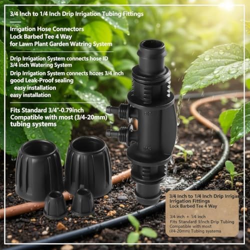 3/4 Inch to 1/4 Inch Drip Irrigation Barbed Tee Fittings Kits, Anti-Drop Lock Nut Locked Barbed Connectors for 3/4"-20mm Drip Tubing, 3/4/6 Way Tee Joints for Garden Lawn Irrigation (20,4-WAY) - Image 2