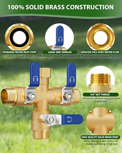 Garden Hose Splitter, 3 Way Heavy Duty Brass hose splitter, Water Hose Bib Spigot Splitter with 0.59" Full Flow Ball Valve Outlet & Shut-Off Valve 3/4'' Connector Outdoor Water Faucet Adapter（Blue） - Image 4