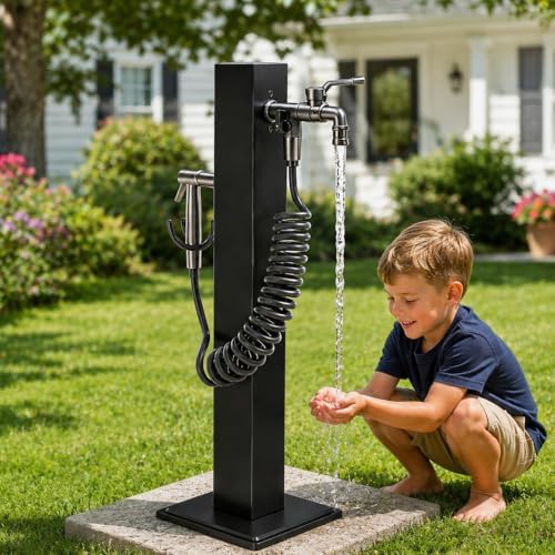 Outdoor Water Column with Faucet, Garden Water Column Freestanding with Spray Gun, Yard Hydrant Stainless Steel, Outdoor Water Spigot with Dual Inlet, for Irrigation Washing (23.6in) by YourHomeYourCozySpace