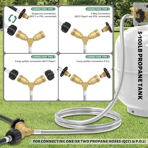 12FT Propane Hose with Propane Splitter 2 Way POL Tank Connector, Propane Y Splitter Adapter with Shut Off Valve, 2-Way LP Gas Adapter Tee Connector for 100lb Propane Tank,Heater,Camping Stove,Burner - Image 7