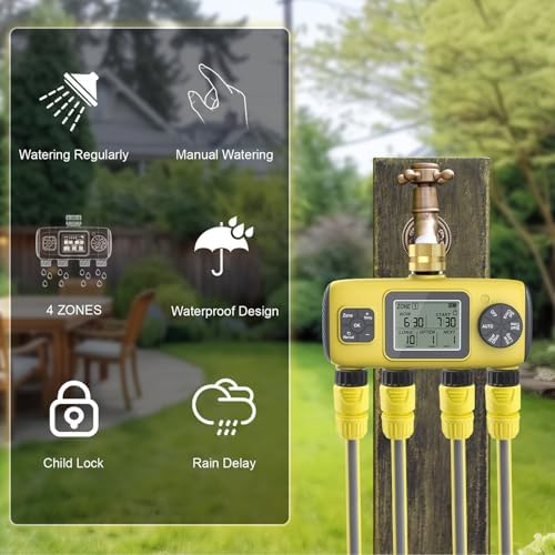 4 Outlet Sprinkler Timer, 4 Zone Programmable Garden Water Hose Timer with Rain Delay, Manual Automatic Irrigation, 3/4in Brass Inlet, for Lawn Yard Garden - Image 4