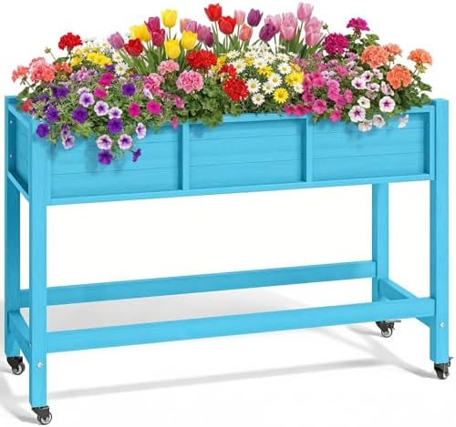 YITAHOME Raised Garden Bed HDPE, 47x18x31In Raised Flower Bed Poly-Wood Weather-Resistant Elevated Planter Box with Lockable Wheels for Vegetables, Aruba Blue by YITAHOME