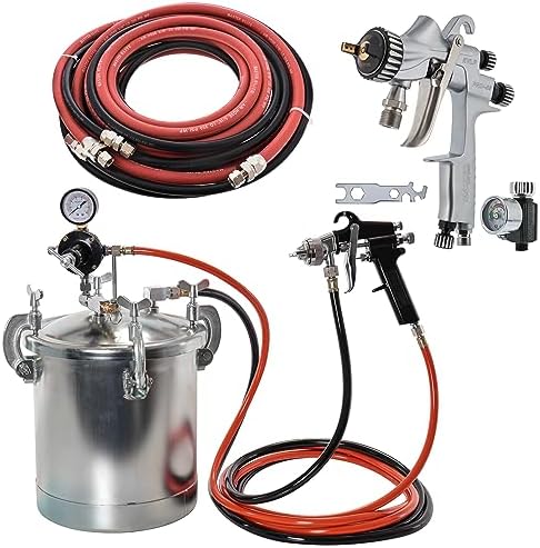 TCP Global Pressure 2.5 Gallon Pressure Pot Tank Paint Spray Gun with 1.5 Mm Nozzle and Master Elite 55 High-Performance HVLP Pressure Feed Spray Gun 1.2mm Tip and 25' Air and Fluid Hoses by TCPGlobal