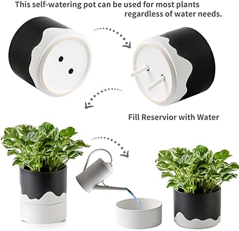 Nihow Ceramic Self Watering Plant Pot for Indoor Plants,6 Inch,Black White - Image 3