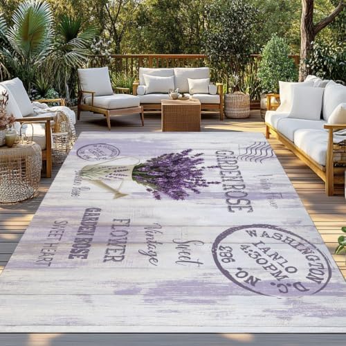 Lavender Flower 3x5 Waterproof Outdoor Rug with Non‑Slip Backing Watering Can Purple Old Postcard Wood Machine Washable Deck Patio Rug Mat for Camping, RV, Garden, Balcony Pool - Image 2