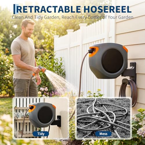 100FT Retractable Garden Hose Reel, 1/2" in Mesh PVC Water Hose Reels with 10-Function Spray Nozzle, Automatic Slow Retraction System, Any Length Lock for Garden, Yard & Outdoor Watering - Image 2