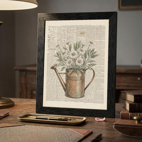 Framed Canvas Wall Art Vintage Mixed Media Watering Can Daisies Muted Watercolor on Newspaper Canvas Print Poster Black Frame Wall Decor for Living Room Cottagecore Art, Rustic Decor - 12x16 Inch - Image 7
