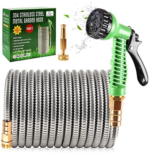 304 Stainless Steel Garden Hose, 100 ft Metal Garden Hose with 3/4" Connector Fittings and Sprayer, Heavy Duty Kink Free Flexible Outdoor Water Hose, Green by YereenHose