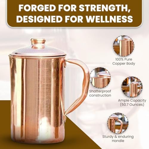 100% Pure Copper Pitcher 50.72 Oz / 1500 ml | Drinking Water Traditional Plain Pitcher With Lid | Copper Jug Handle Water Bottle | Ayurveda Health Benefits | Serving Water in Daily Use - Image 3