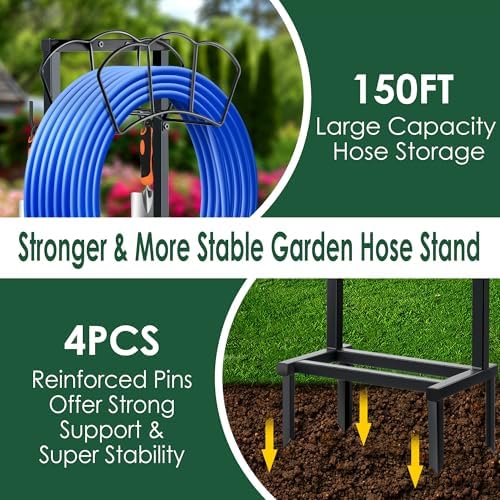 Garden Hose Holder, Heavy Duty Water Hose Holders, Sturdy Metal Hose Stand, Hose Organizer, Water Hose Hanger Rack, Hose Reel Storage Stake hold 150Ft Water Hoses, for Patio, Lawn, Garden - Image 5