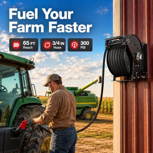 3/4" Diesel Fuel Hose Reel, Industrial 65ft 300 PSI Retractable Hose for Diesel Spring Driven, Auto Swivel Fuel Pump Transfer Hose with Nozzle, Refueling for Service Truck,Tank, Aircraft - Image 2
