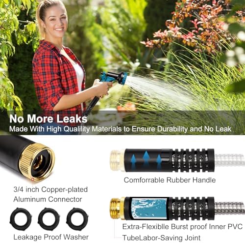Metal Garden Hose 100 ft x 5/8 in OD with 10 Pattern Sprayer Nozzle, Stainless Steel Water Hose, Non Expandable Flexible Kink Resistant Heavy Duty Hose for Yard, Car Washing and Pet Bath - Image 2