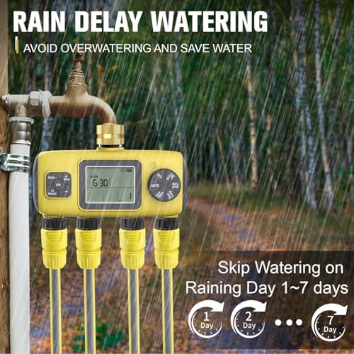 4 Outlet Sprinkler Timer, 4 Zone Programmable Garden Water Hose Timer with Rain Delay, Manual Automatic Irrigation, 3/4in Brass Inlet, for Lawn Yard Garden - Image 2