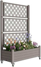 Resin Raised Garden Bed with Trellis and Wheels - Plasitc Planter Box with Trellis Outdoor with Drainage Holes & Water Monitor for Climbing Plants, Flower, Medium Gray(61.2" H) by WTFGO