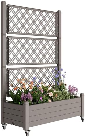 Resin Raised Garden Bed with Trellis and Wheels - Plasitc Planter Box with Trellis Outdoor with Drainage Holes & Water Monitor for Climbing Plants, Flower, Medium Gray(61.2" H) by WTFGO