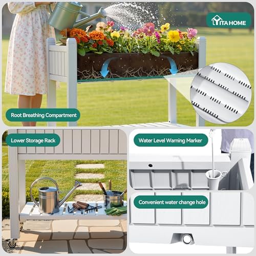 YITAHOME 43.3x17.7x34 in Elevated Garden Bed, Outdoor Plastic Planter Box with Wheels, Legs, Drain Plug, and Storage Shelf for Plants, Vegetables, Flowers, Herbs, Grayish-White - Image 4