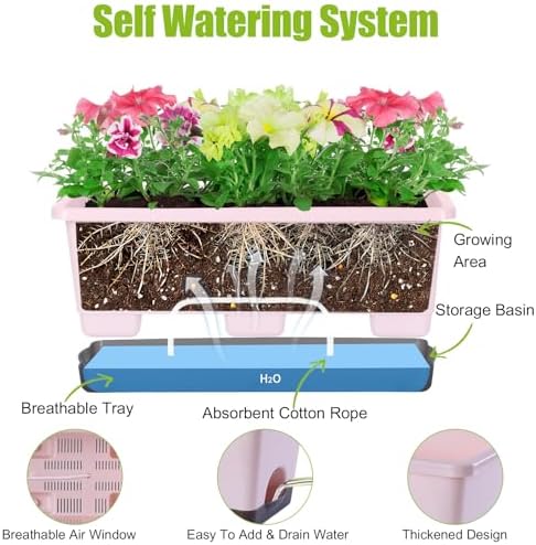 Oliz Window Box Planter 8 Pcs, 17 Inches Rectangle Flower Pots with Drainage Holes & Trays, Vegetable Planters for Windowsill Patio Garden Balcony Home Indoor Outdoor (Pink, 16 * 7 * 6 inch) - Image 2