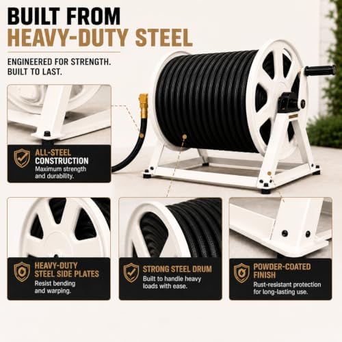 Dual Floor and Wall Mounted Garden Hose Reel, Holds 200ft of Water Hose, Heavy Duty Metal Hose Reel, Space Saving Hose Reel Organizer for Yard, Garage & Shed (White) - Image 4