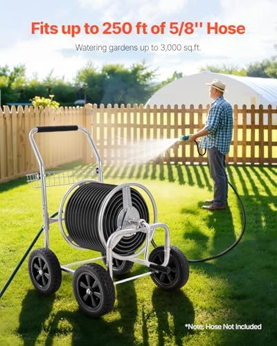 VEVOR Hose Reel Cart, Hold Up to 250 ft of 5/8’’ Hose, Garden Water Hose Carts Mobile Tools with 4 Wheels, Heavy Duty Powder-Coated Steel Outdoor Planting with Storage Basket, for Garden, Yard, Lawn - Image 4
