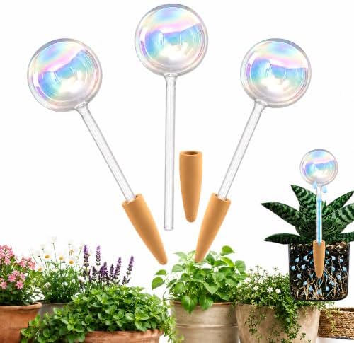 HyJeryty Non-Clogging Iridescent Ball Plant Watering Globes with Terracotta Spikes, Hand Blown Glass Self Watering Planter Insert, Watering Bulbs for Indoor Small & Medium Potted Plants (3 Pack) by HyJeryty