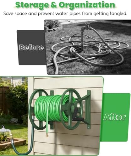 Garden Hose Reel Wall Mounted, Heavy-Duty Water Hose Holder Winder with 3.9 ft Leader Hose & Brass Fitting, Hose Hanger Storage Rack Holds 125-Feet of, 5/8-Inch, for Yard Lawn Farm, Green - Image 6