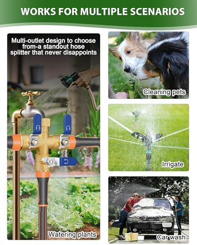 Garden Hose Splitter, 3 Way Heavy Duty Brass hose splitter, Water Hose Bib Spigot Splitter with 0.59" Full Flow Ball Valve Outlet & Shut-Off Valve 3/4'' Connector Outdoor Water Faucet Adapter（Blue） - Image 7