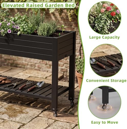 Large Elevated Raised Garden Bed with Legs,Outdoor Planter Box with Storage Shelf Drain Plug Water & Monitor for Backyard,Patio,Balcony(Black - Image 4