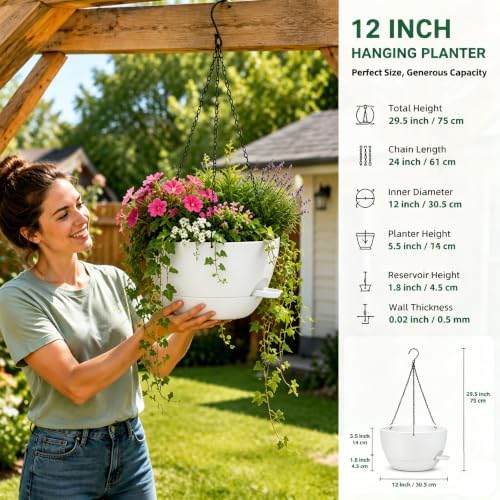 12" Self Watering Hanging Planters with Chains, White, 2 Pack - Image 3