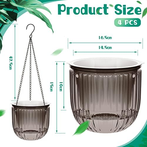 Meanplan 4 Pcs Self Watering Hanging Planter Indoor 6.5 Inch Hanging Baskets for Plants Outdoor Plastic Flower Pot with 3 Hooks Chains Drainage Holes for Garden Home, Medium Size(Gray) - Image 2
