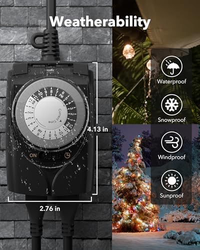 HBN Outdoor Timer Outlet Waterproof, 24 Hour Mechanical Light Timers for Electrical Outlets Outdoor Weatherproof, 4-Pack 2 Grounded Outlets for Christmas Lights, Pool Pump, 15A 1/2HP - Image 5