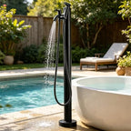 Stainless Steel 60/95cm Water Dispenser Column, Round with Water Tap and Hose Connector Free-Standing Garden Tap Outdoor Spigot, Vertical Water Hydrant(Black,95cm/37.4in,Style 3) by Junvstor