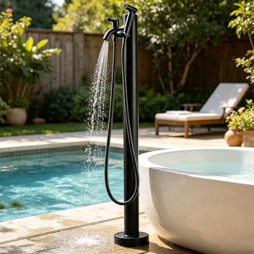 Stainless Steel 60/95cm Water Dispenser Column, Round with Water Tap and Hose Connector Free-Standing Garden Tap Outdoor Spigot, Vertical Water Hydrant(Black,60cm/23.6in,Style 3) by Junvstor
